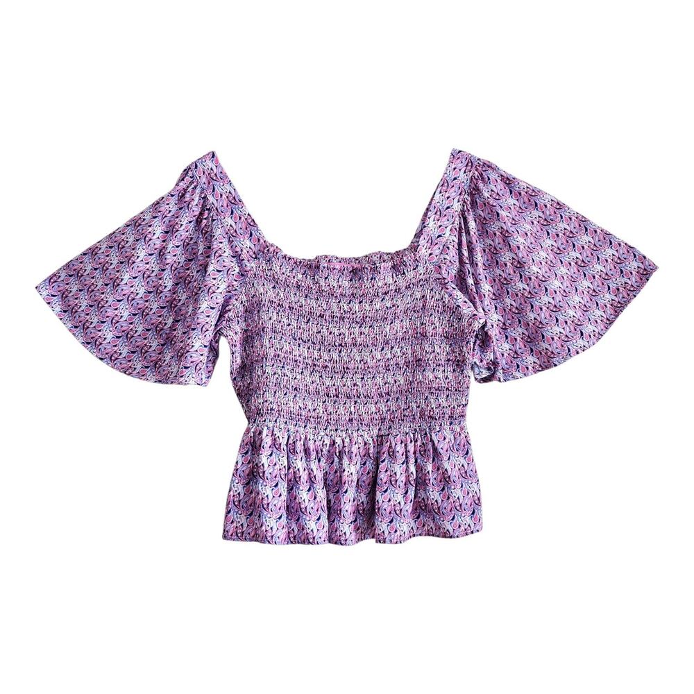 SIMPLY SOUTHERN Women's L Smocked Top Pink Blue Short Sleeve Peplum Waist